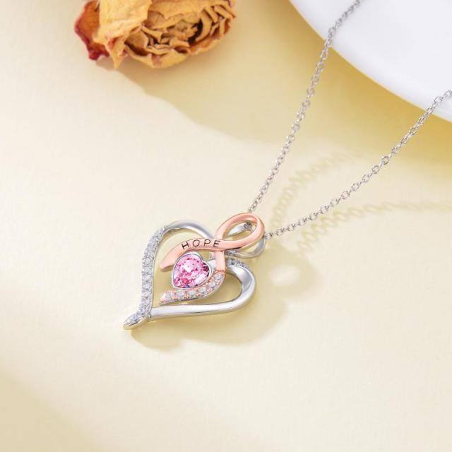 Sterling Silver Two-tone Heart Shaped Crystal Heart & Ribbon Pendant Necklace-2
