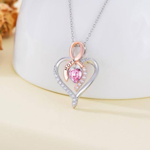 Sterling Silver Two-tone Heart Shaped Crystal Heart & Ribbon Pendant Necklace-3