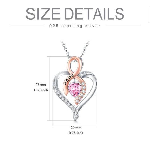 Sterling Silver Two-tone Heart Shaped Crystal Heart & Ribbon Pendant Necklace-4