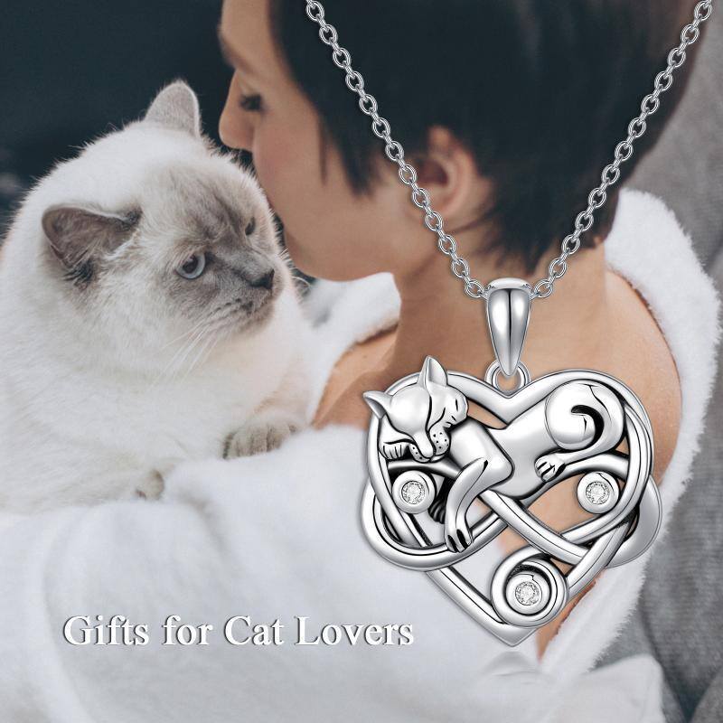 Sterling Silver Circular Shaped Crystal Cat Pendant Necklace-6