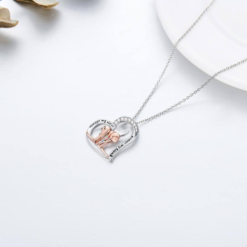 Sterling Silver Two-tone Round Cubic Zirconia Sisters & Heart Pendant Necklace with Engraved Word-4