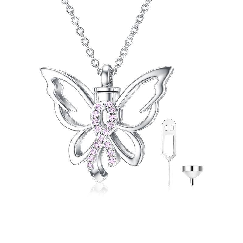 Sterling Silber Schmetterling & rosa Schleife Brustkrebs Urne Halskette für Asche-1