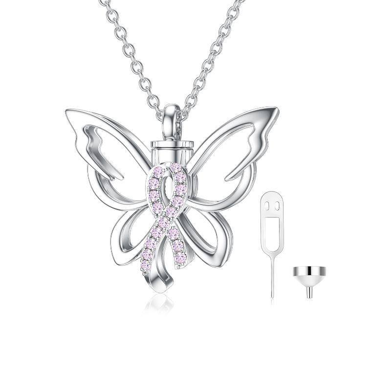 Collier d'urne pour cendres en argent sterling avec papillon et ruban rose pour le cancer du sein-1