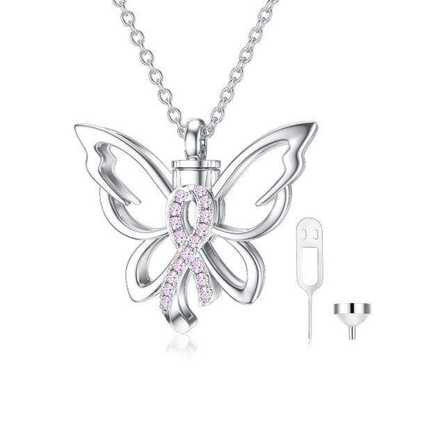 Sterling Silver Butterfly & Pink Ribbon Breast Cancer Urn Necklace for Ashes-0