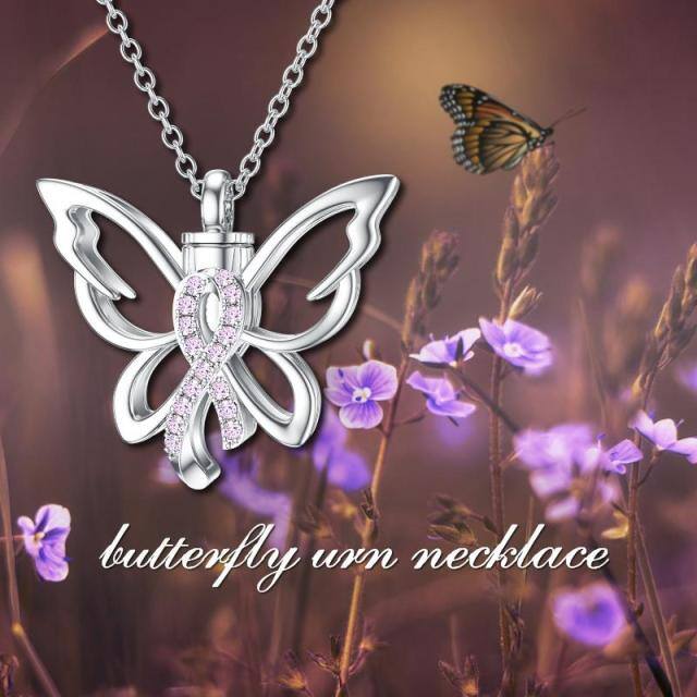 Sterling Silver Butterfly & Pink Ribbon Breast Cancer Urn Necklace for Ashes-2