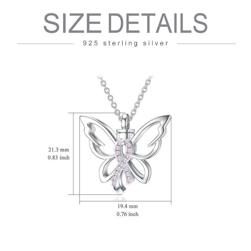 Collar de plata de ley con mariposa y lazo rosa para cenizas de cáncer de mama-6