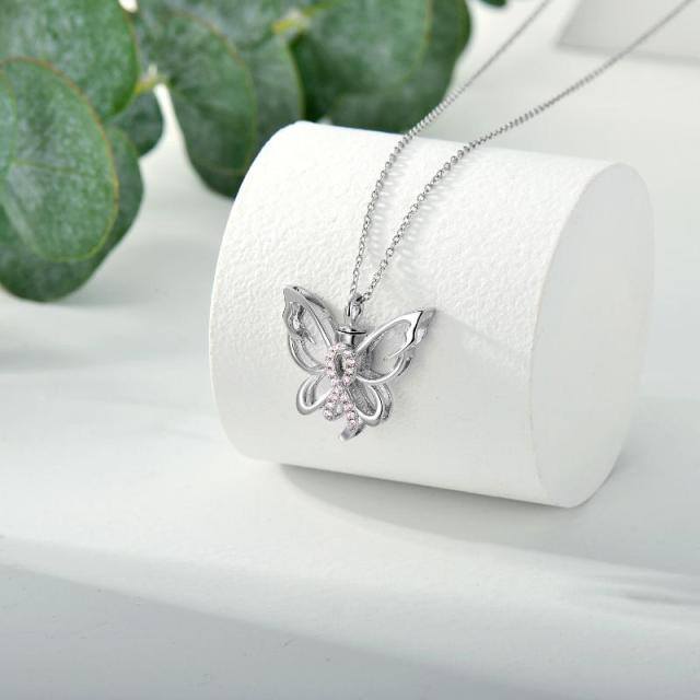 Sterling Silver Butterfly & Pink Ribbon Breast Cancer Urn Necklace for Ashes-3