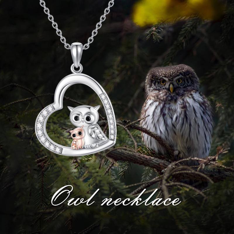 Sterling Silver Two-tone Cubic Zirconia Owl & Heart Pendant Necklace-6