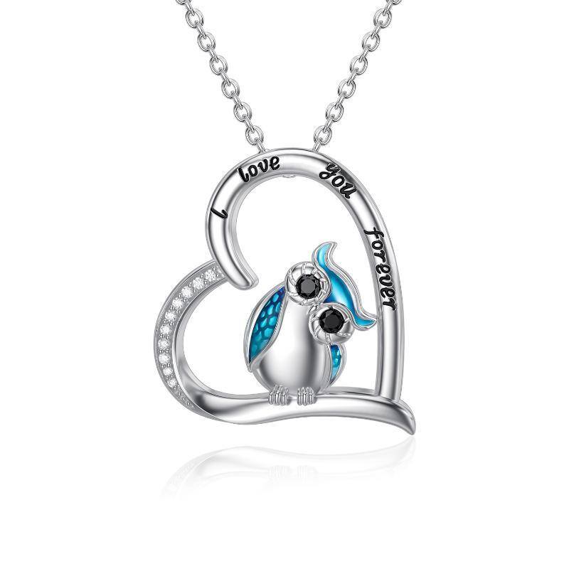 Sterling SilverCubic Zirconia Owl & Heart Pendant Necklace Engraved I Love You Forever-1
