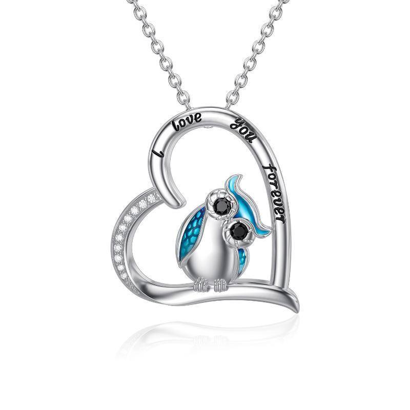 Collier en argent sterling avec pendentif hibou et coeur en zirconium cubique gravé I Love You Forever (Je t'aime pour toujours)-1