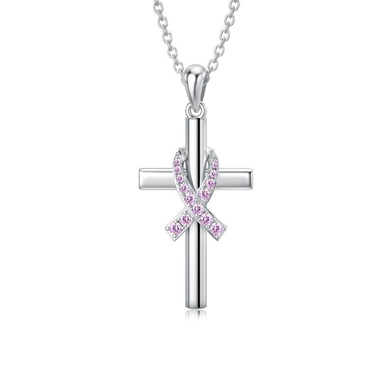 Sterling Silver Circular Shaped Cubic Zirconia Cross & Ribbon Pendant Necklace-1
