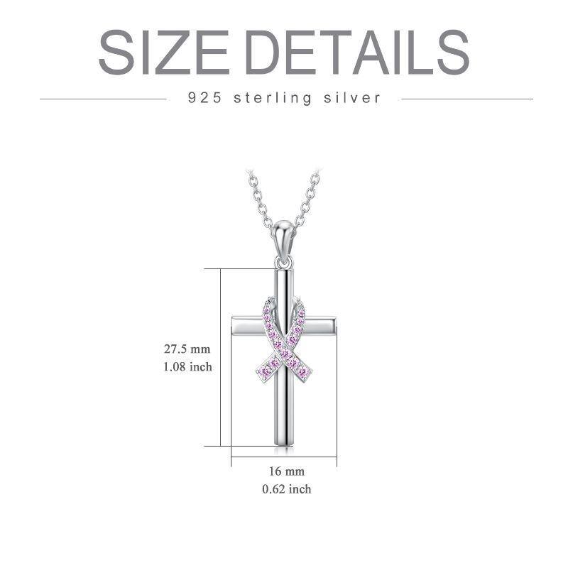 Sterling Silver Circular Shaped Cubic Zirconia Cross & Ribbon Pendant Necklace-6