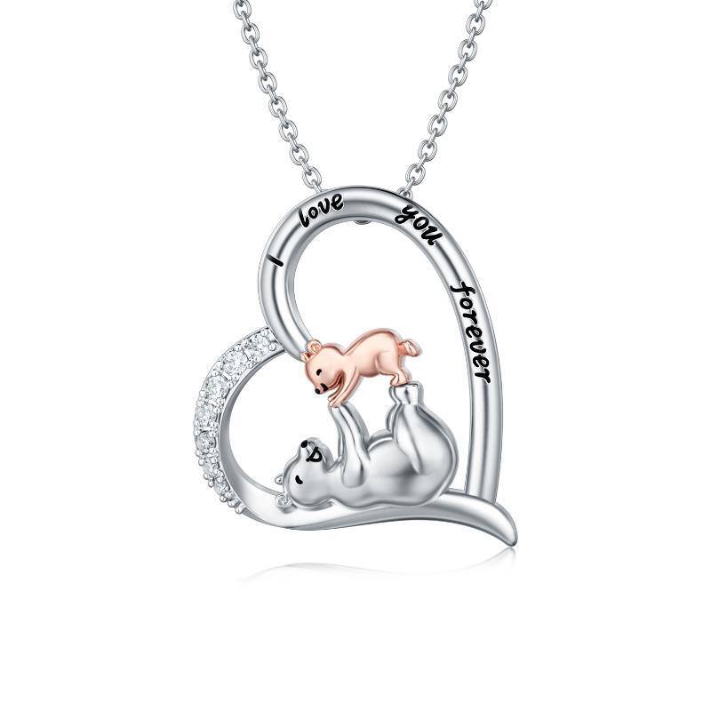 Sterling Silver Two-tone Circular Shaped Cubic Zirconia Bear & Heart Pendant Necklace with Engraved Word-1