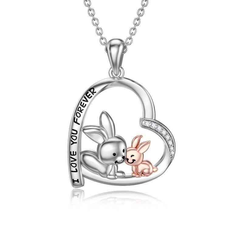 Sterling Silver Two-tone Zircon Rabbit & Parents & Children Pendant Necklace with Engraved Word-1