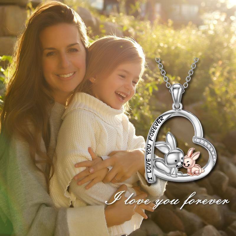 Sterling Silver Two-tone Zircon Rabbit & Parents & Children Pendant Necklace with Engraved Word-6