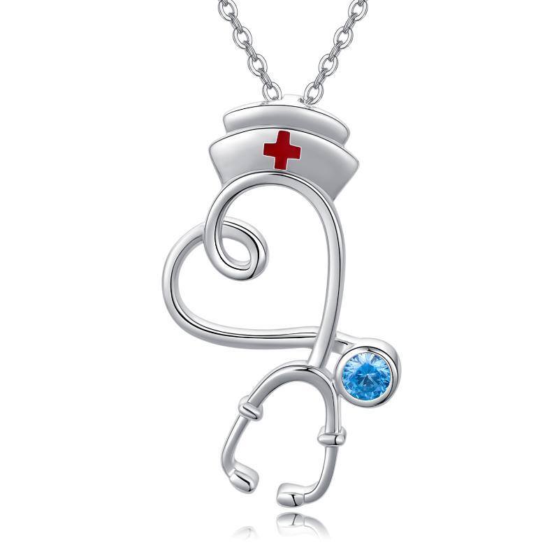 Sterling Silver Cubic Zirconia Heart & Stethoscope Pendant Necklace-1