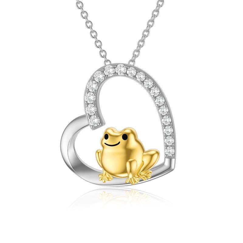 Sterling Silver Two-tone Circular Shaped Cubic Zirconia Frog & Heart Pendant Necklace-1