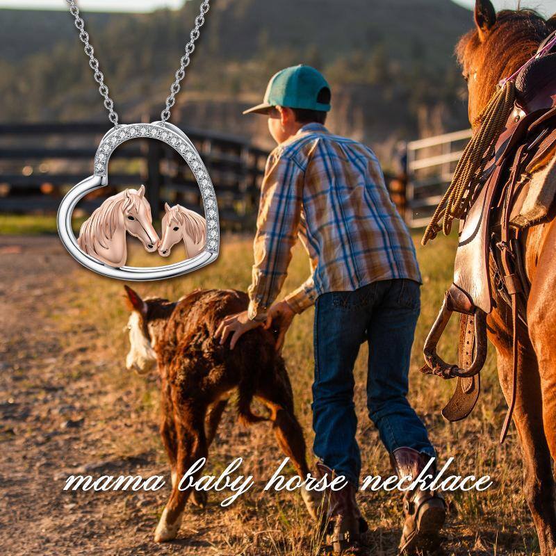 Sterling Silver Two-tone Circular Shaped Cubic Zirconia Horse & Heart Pendant Necklace-6