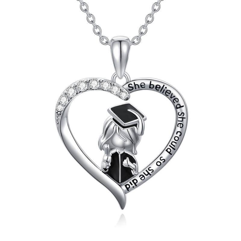 Sterling Silver Two-tone Cubic Zirconia Heart & Trencher Cap Pendant Necklace-1