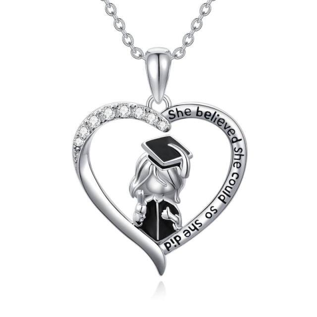 Sterling Silver Two-tone Cubic Zirconia Heart & Trencher Cap Pendant Necklace-0