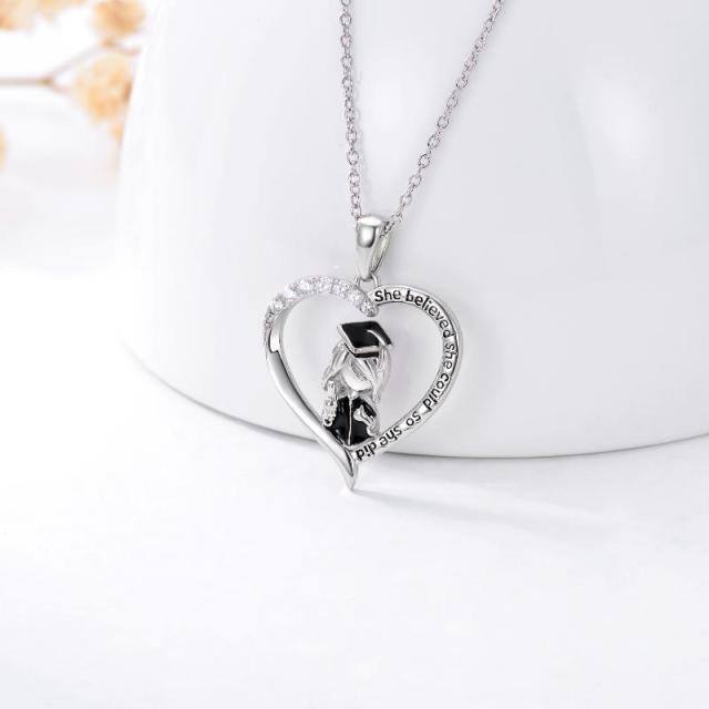 Sterling Silver Two-tone Cubic Zirconia Heart & Trencher Cap Pendant Necklace-2