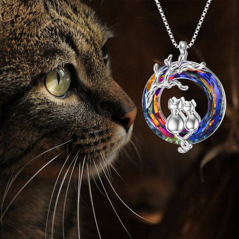 Sterling Silver Cat Lovers Purple Crystal Pendant Necklace-6
