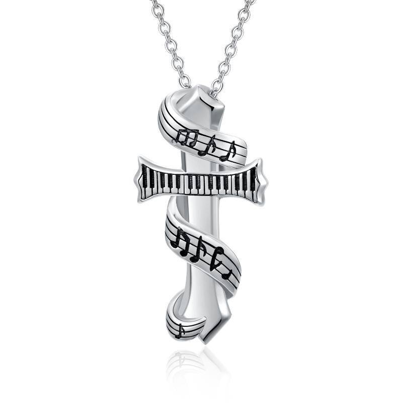 Sterling Silver Two-tone Music Symbol & Piano Pendant Necklace-1