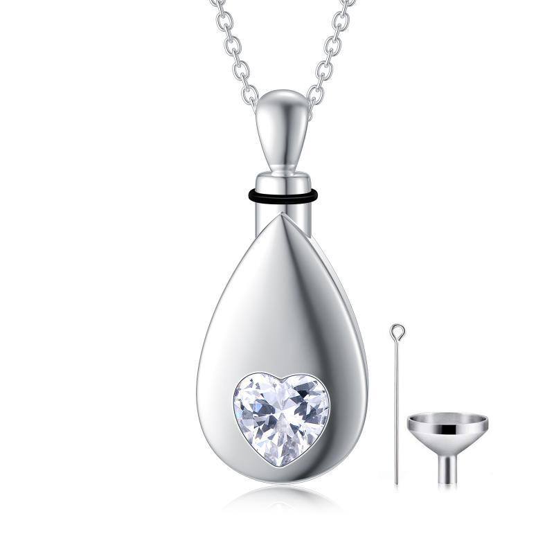 Sterling Silver Heart Shaped Cubic Zirconia Drop Shape & Heart Urn Necklace for Ashes-1