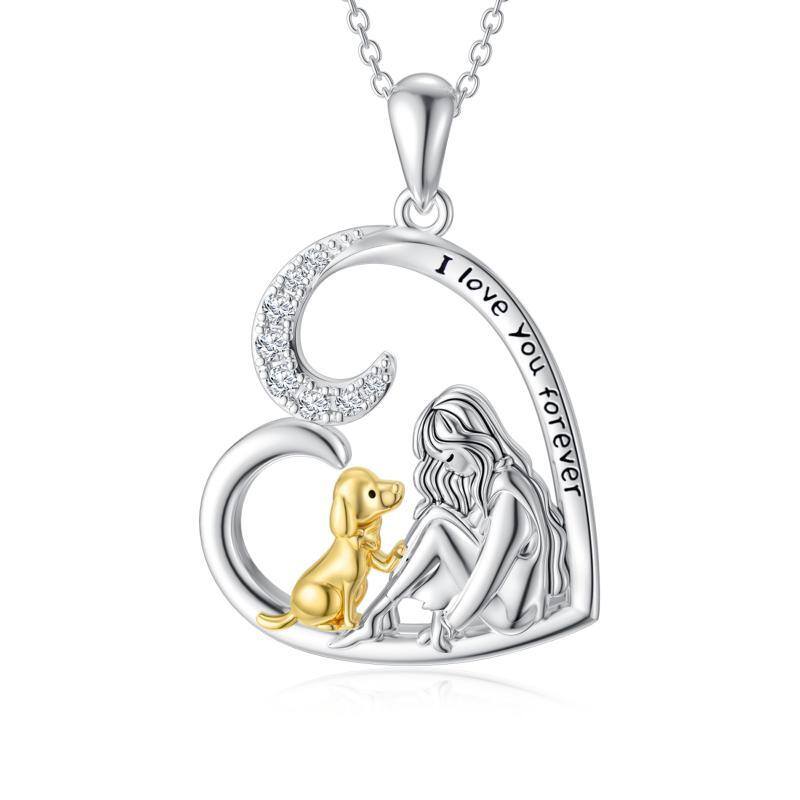 Sterling Silver Two-tone Cubic Zirconia Dog & Girl Heart Pendant Necklace-1