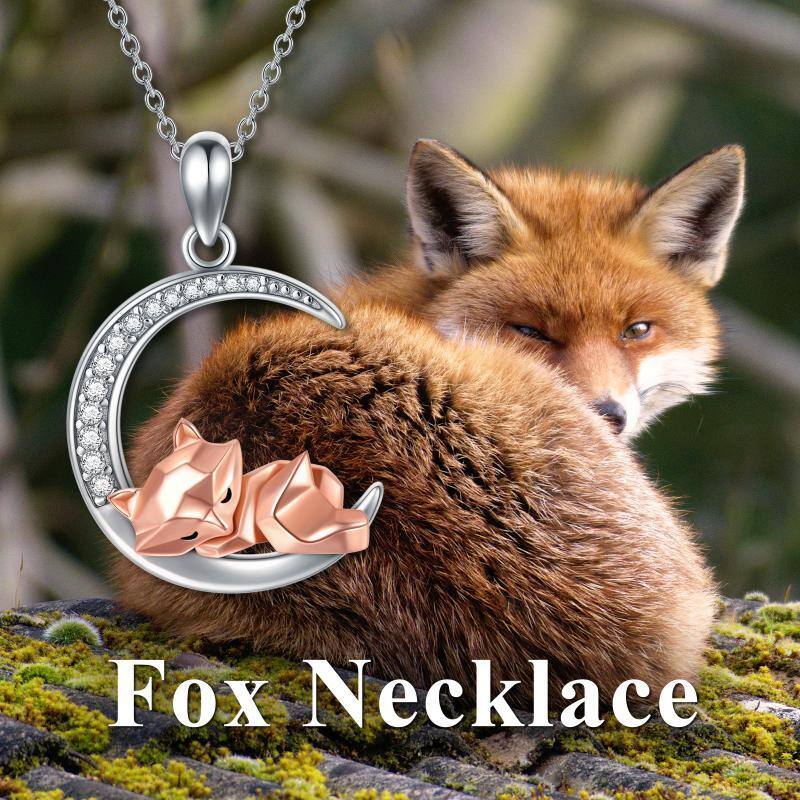 Sterling Silver Two-tone Circular Shaped Cubic Zirconia Fox Pendant Necklace-6