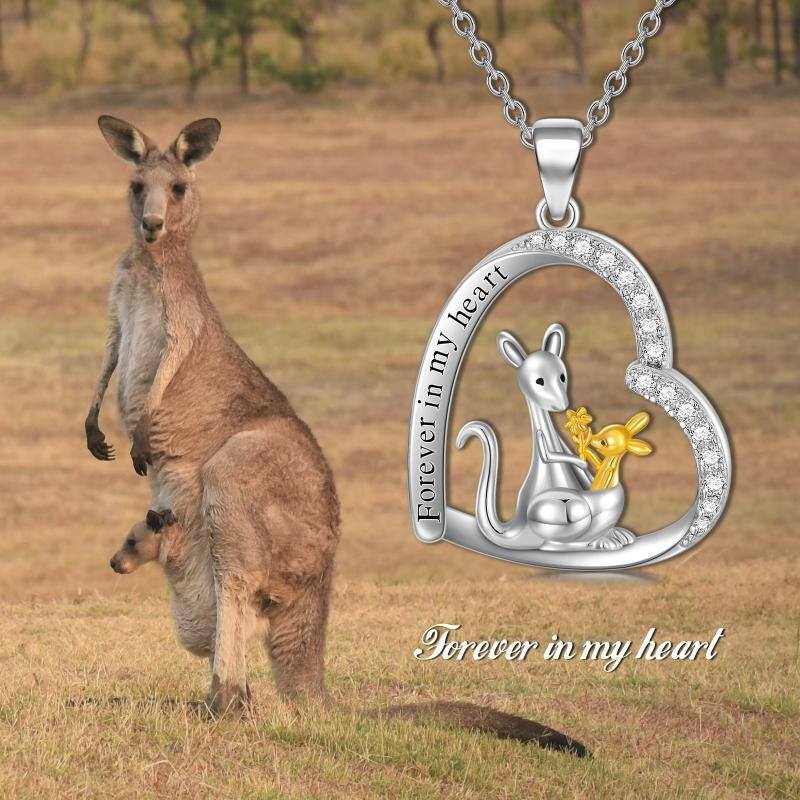 Sterling Silver Two-tone Circular Shaped Cubic Zirconia Kangaroo & Heart Pendant Necklace with Engraved Word-6