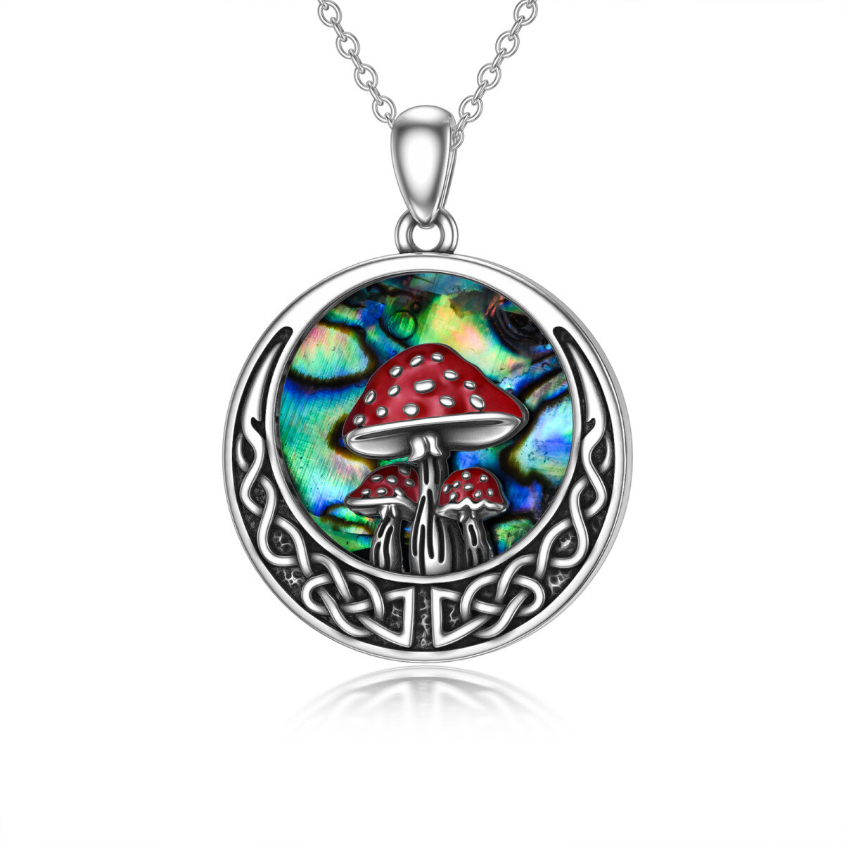 Sterling Silver Abalone Shellfish Mushroom & Celtic Knot Moon Pendant Necklace-1