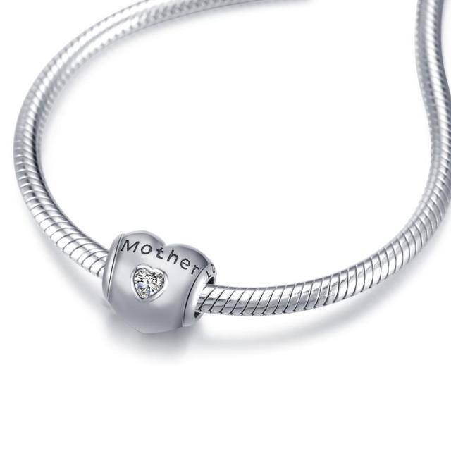 Sterling Silver Cubic Zirconia Mother & Daughter Heart Bead Charm with Engraved Word-3