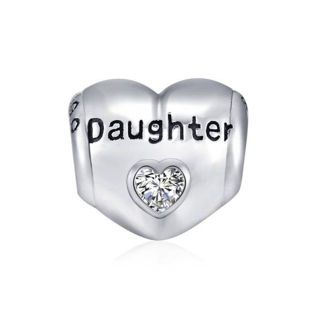 Sterling Silver Cubic Zirconia Mother & Daughter Heart Bead Charm with Engraved Word-2