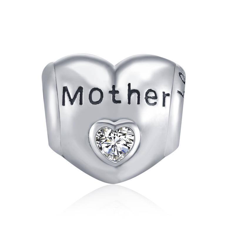 Sterling Silver Cubic Zirconia Mother & Daughter Heart Bead Charm with Engraved Word-1