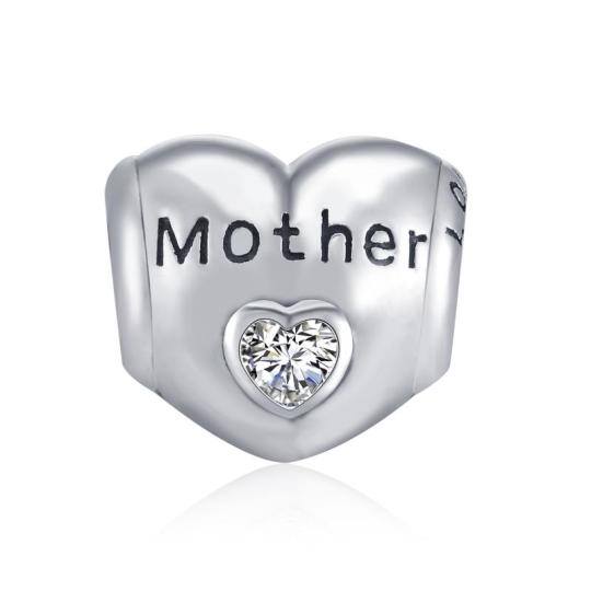 Sterling Silver Cubic Zirconia Mother & Daughter Heart Bead Charm with Engraved Word
