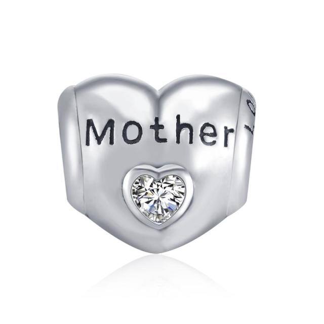 Sterling Silver Cubic Zirconia Mother & Daughter Heart Bead Charm with Engraved Word-0