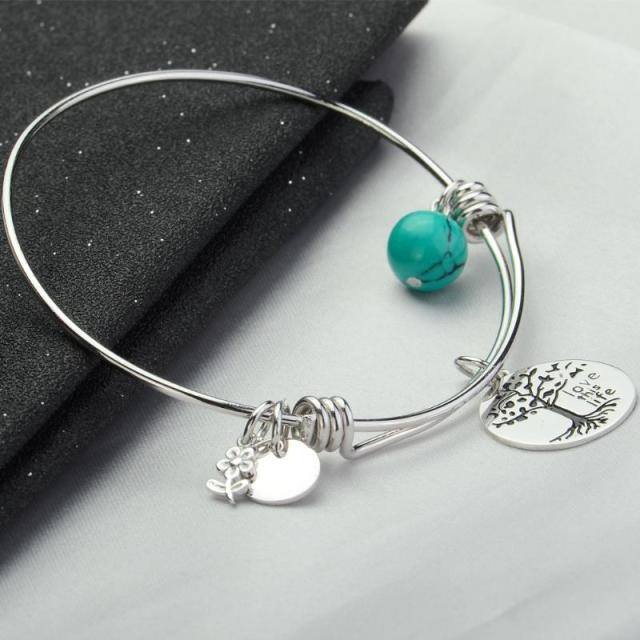 Sterling Silver Turquoise Tree Of Life Pendant Bangle with Engraved Word-2