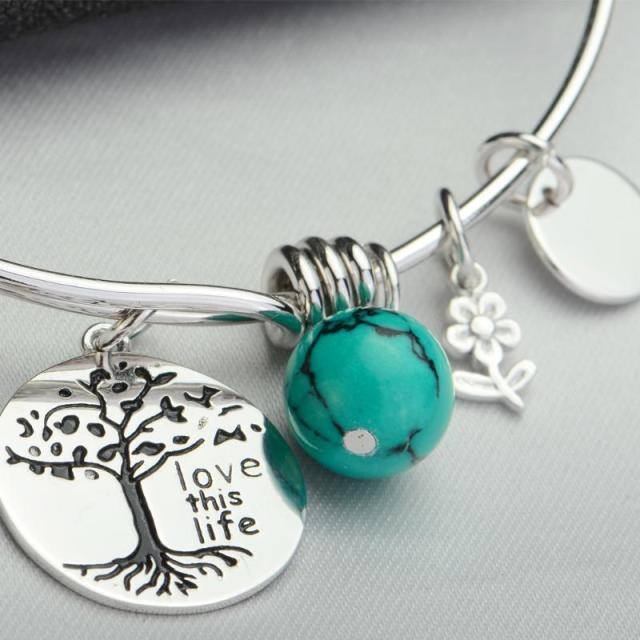 Sterling Silver Turquoise Tree Of Life Pendant Bangle with Engraved Word-3