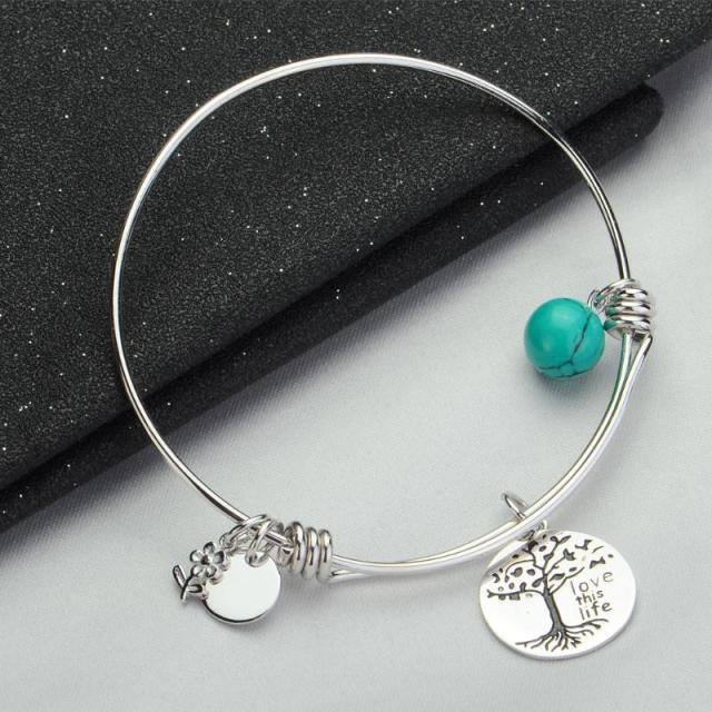 Sterling Silver Turquoise Tree Of Life Pendant Bangle with Engraved Word-1