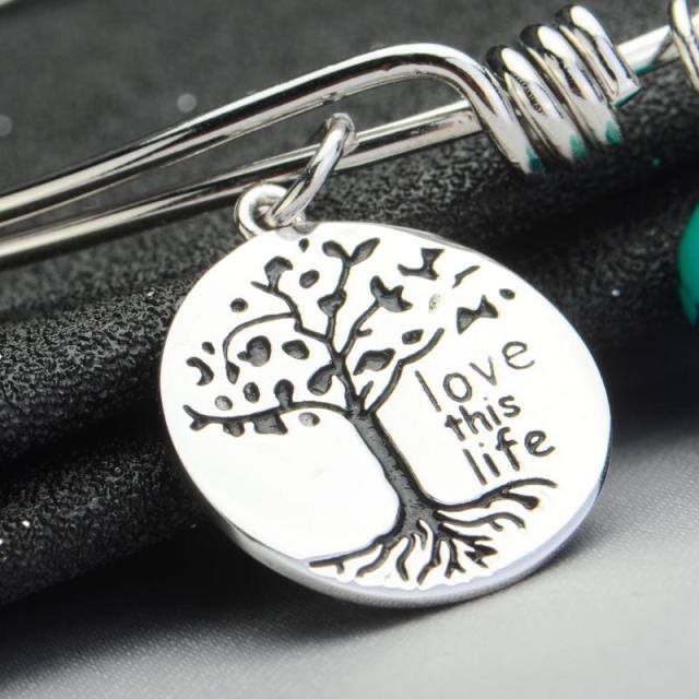 Sterling Silver Turquoise Tree Of Life Pendant Bangle with Engraved Word-5
