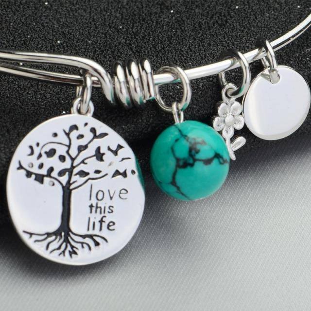 Sterling Silver Turquoise Tree Of Life Pendant Bangle with Engraved Word-4