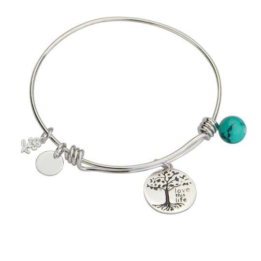 Bracelet en argent sterling avec pendentif arbre de vie en turquoise et mot gravé