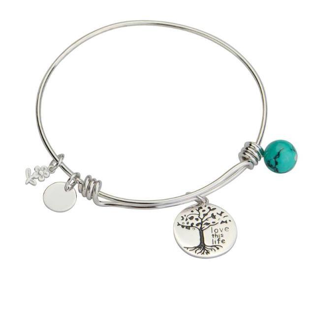 Sterling Silver Turquoise Tree Of Life Pendant Bangle with Engraved Word-0