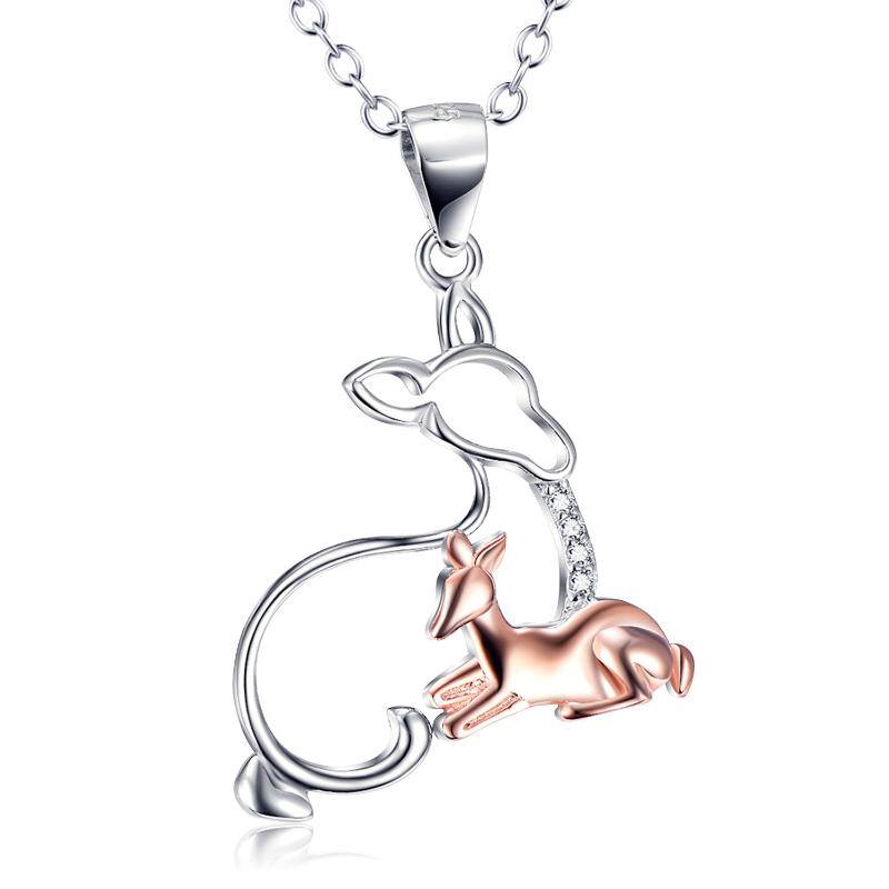 Sterling Silver Two-tone Cubic Zirconia Giraffe & Mother & Daughter Pendant Necklace-1