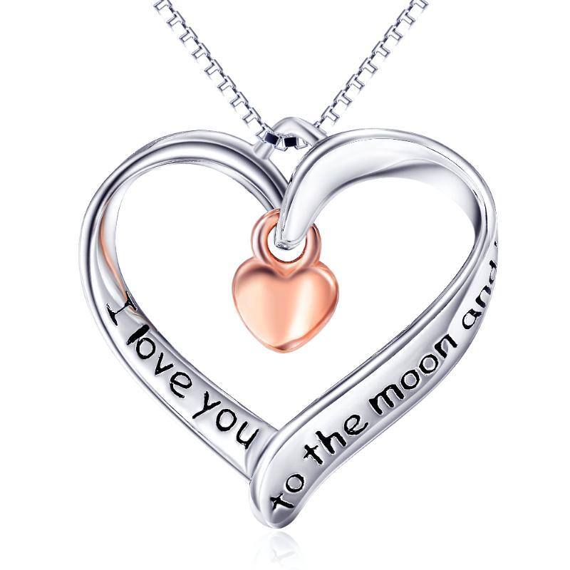 Sterling Silver Two-tone Circular Shaped Heart Pendant Necklace with Engraved Word-1