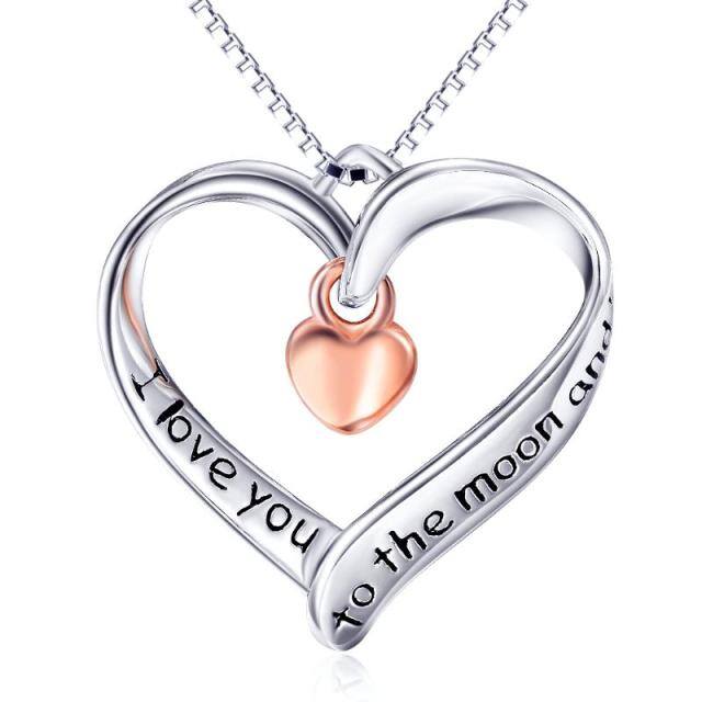 Sterling Silver Two-tone Circular Shaped Heart Pendant Necklace with Engraved Word-0