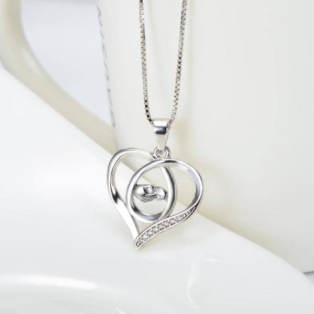 Sterling Silver Cubic Zirconia Heart & Hold Hands Pendant Necklace-3
