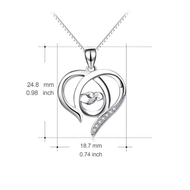 Sterling Silver Cubic Zirconia Heart & Hold Hands Pendant Necklace-4