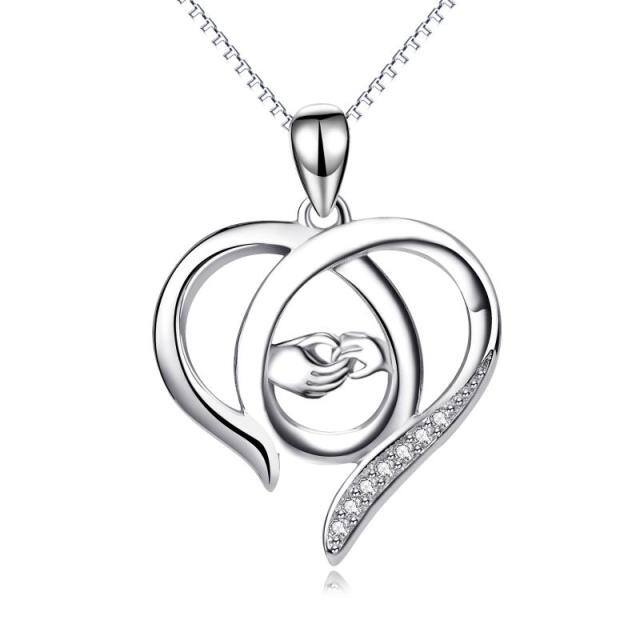 Sterling Silver Cubic Zirconia Heart & Hold Hands Pendant Necklace-0